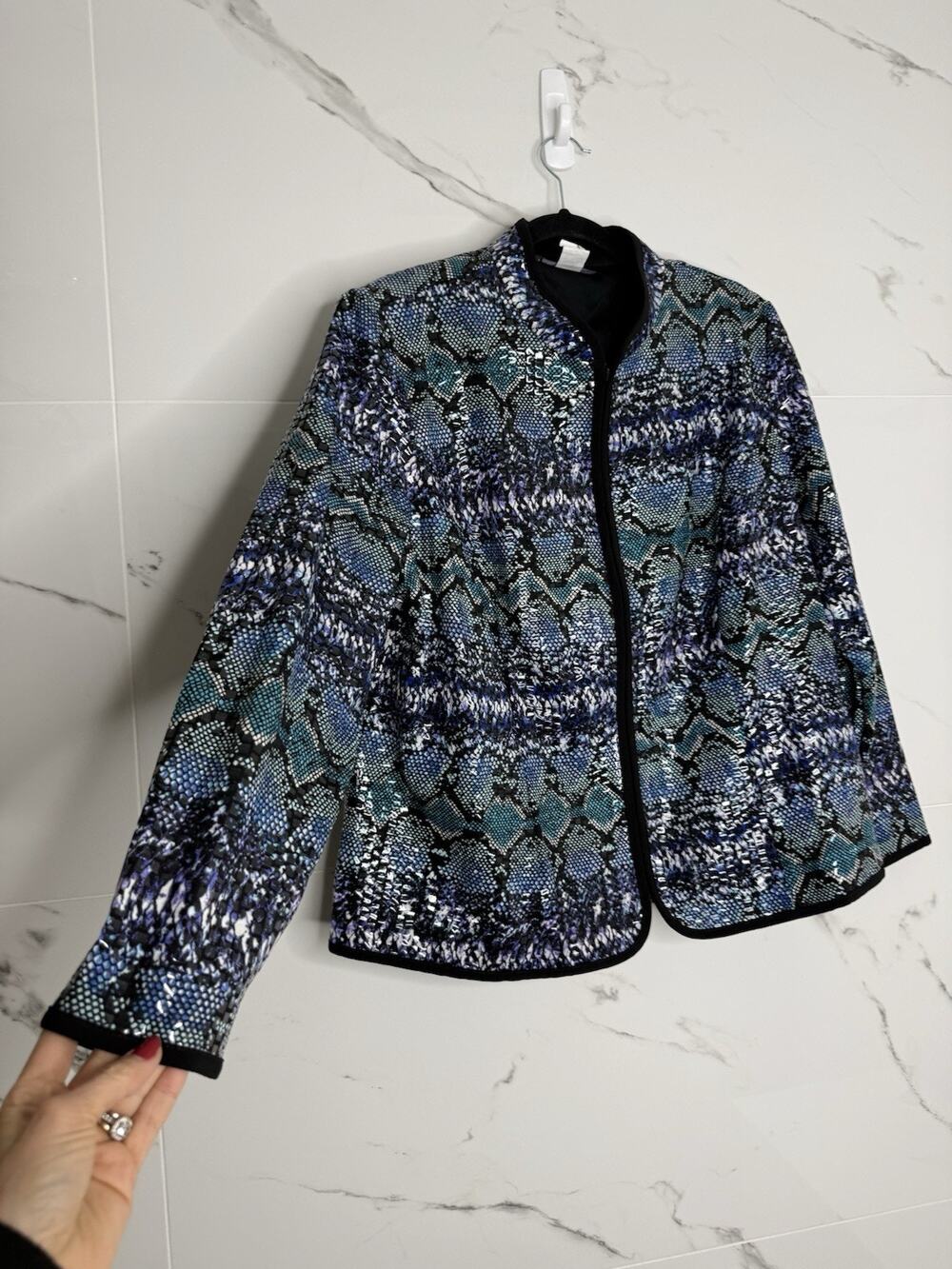 Vintage Ladies Blue/Purple Python Snake Print Blazer Poly/Spand Made in USA XXL